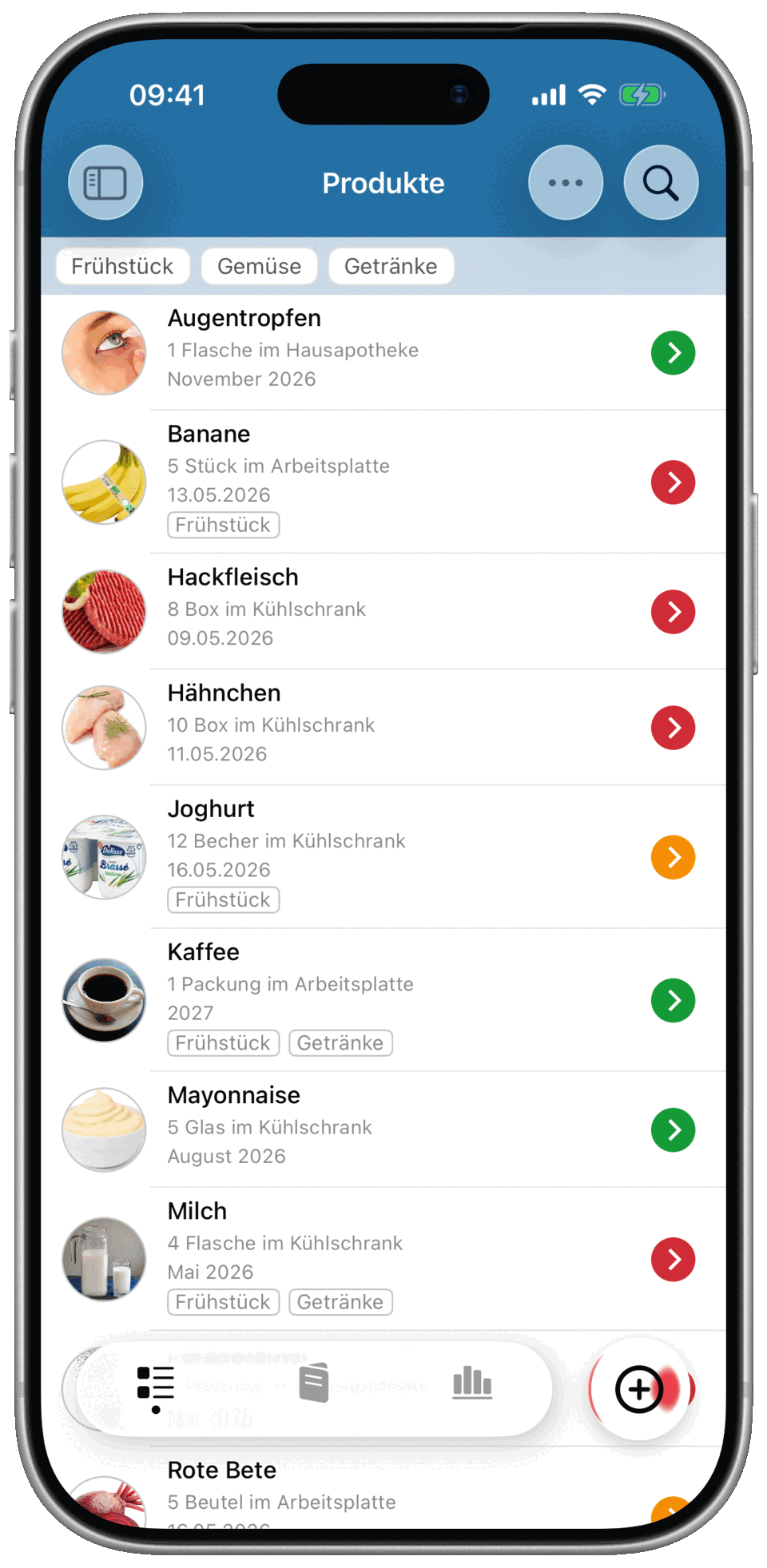 Haltbar Bis zeigt eine Liste von Produkten mit Ablaufdaten auf dem iPhone