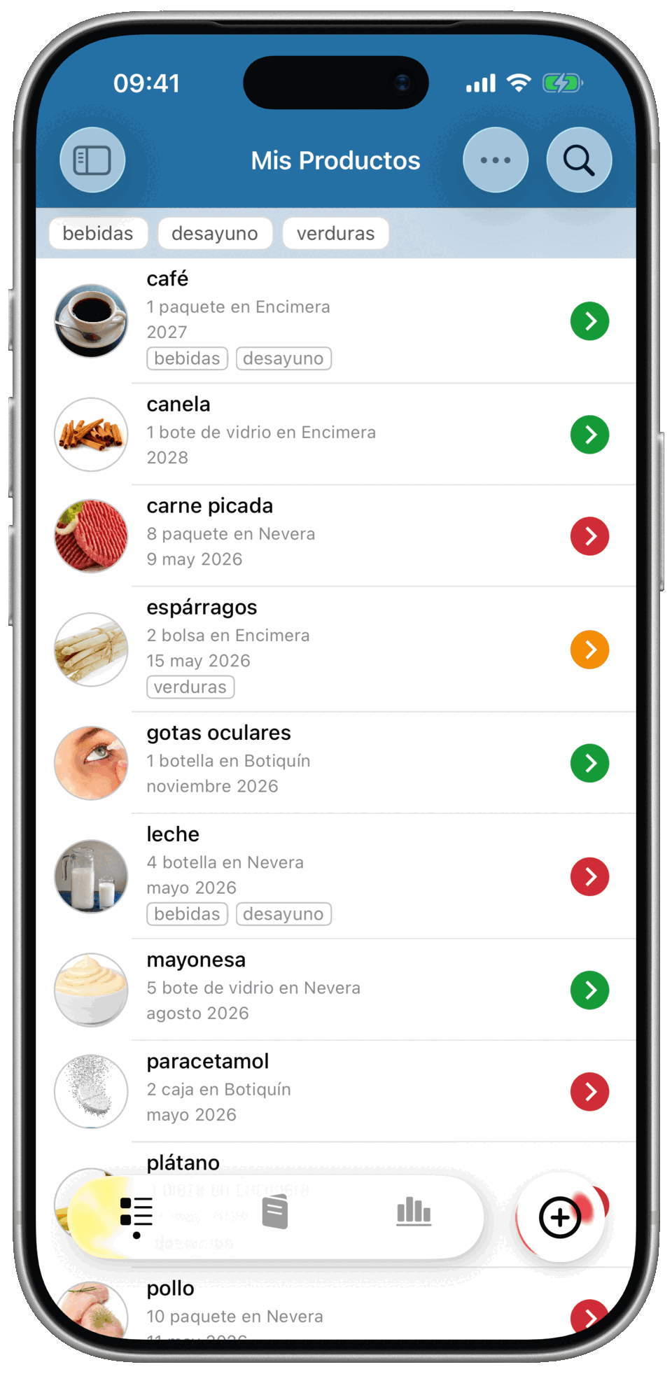 Fecha Límite mostrando la lista de productos con fechas de caducidad en iPhone