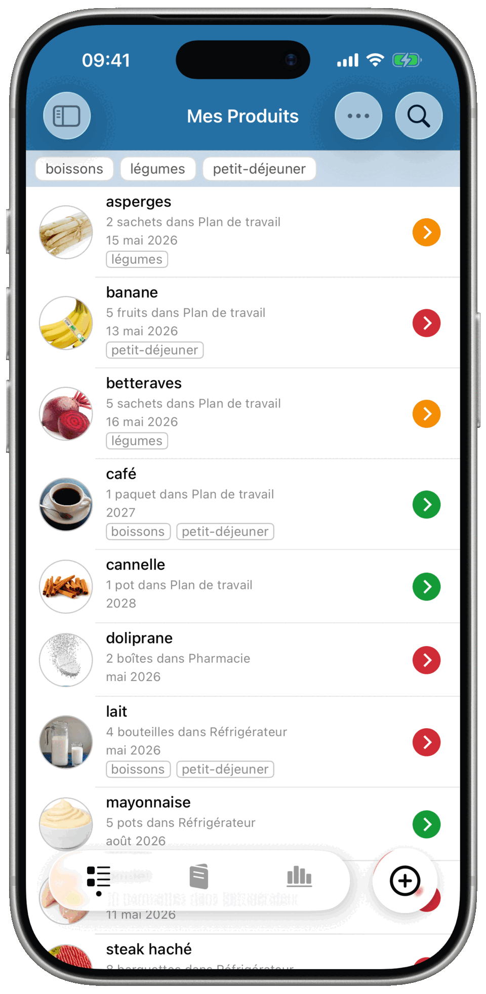Date Limite affichant la liste des produits avec dates de péremption sur iPhone