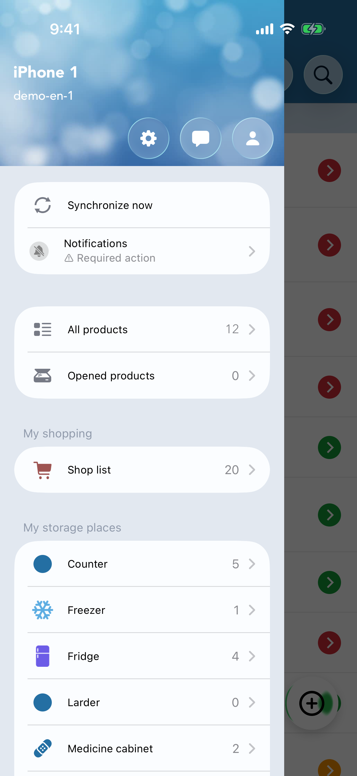 Side menu open on the main screen, with the “My account” option highlighted.