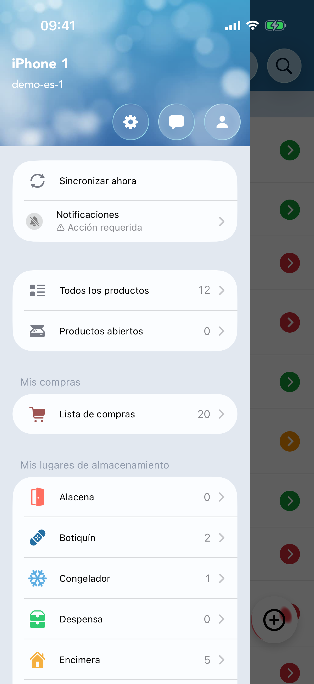 Menú lateral abierto en la pantalla principal, con la opción «Mi cuenta» resaltada.