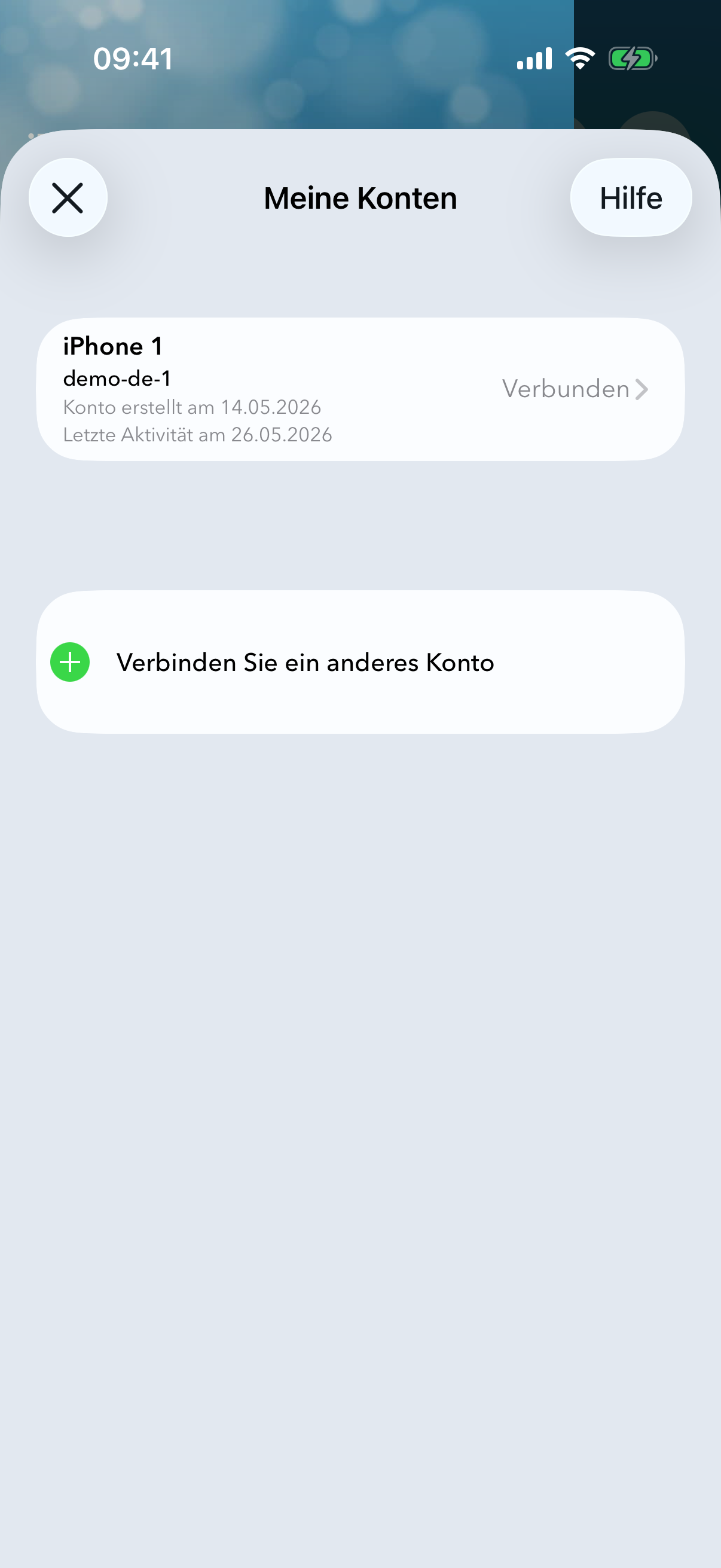 Bereich „Meine Konten" mit dem als verbunden markierten Konto.