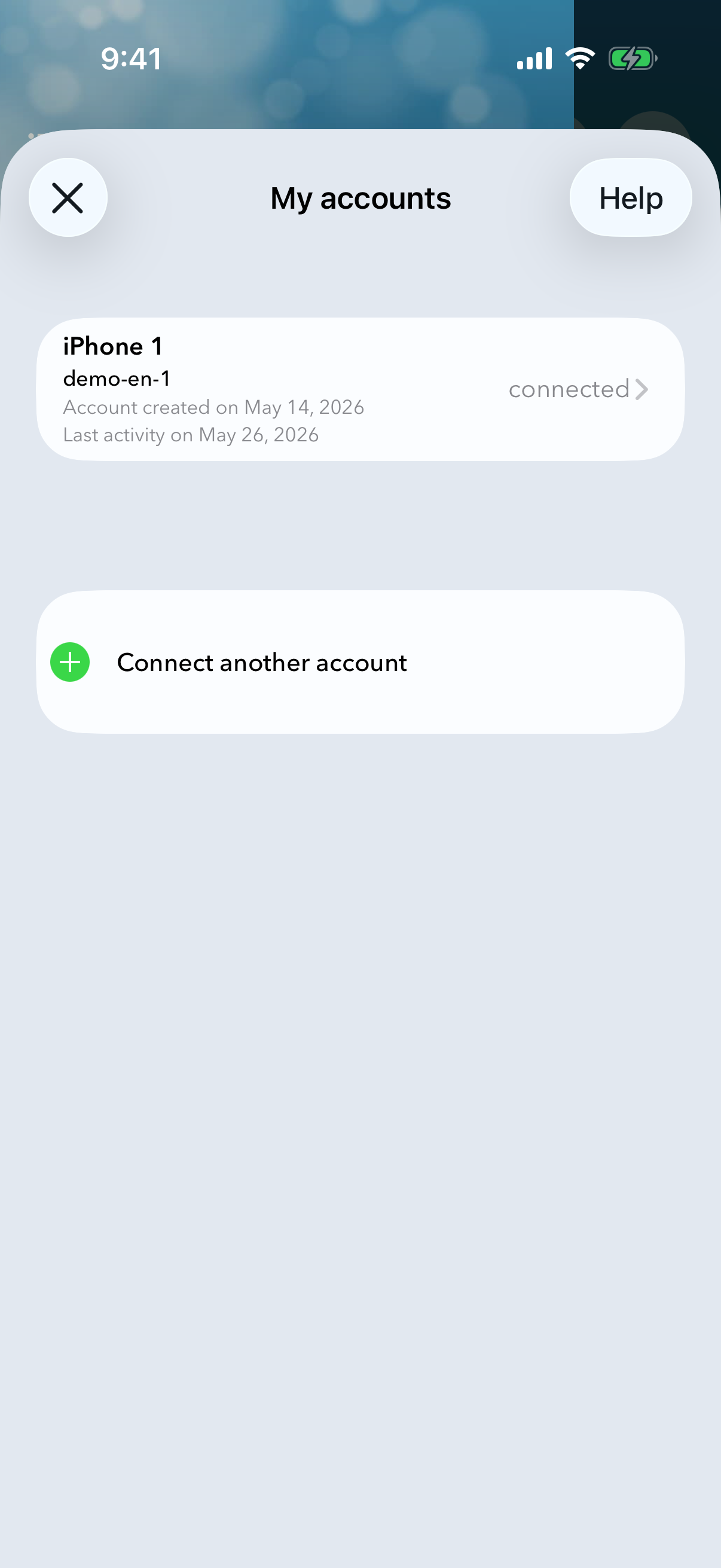 The “My accounts” panel with the user account marked as connected.