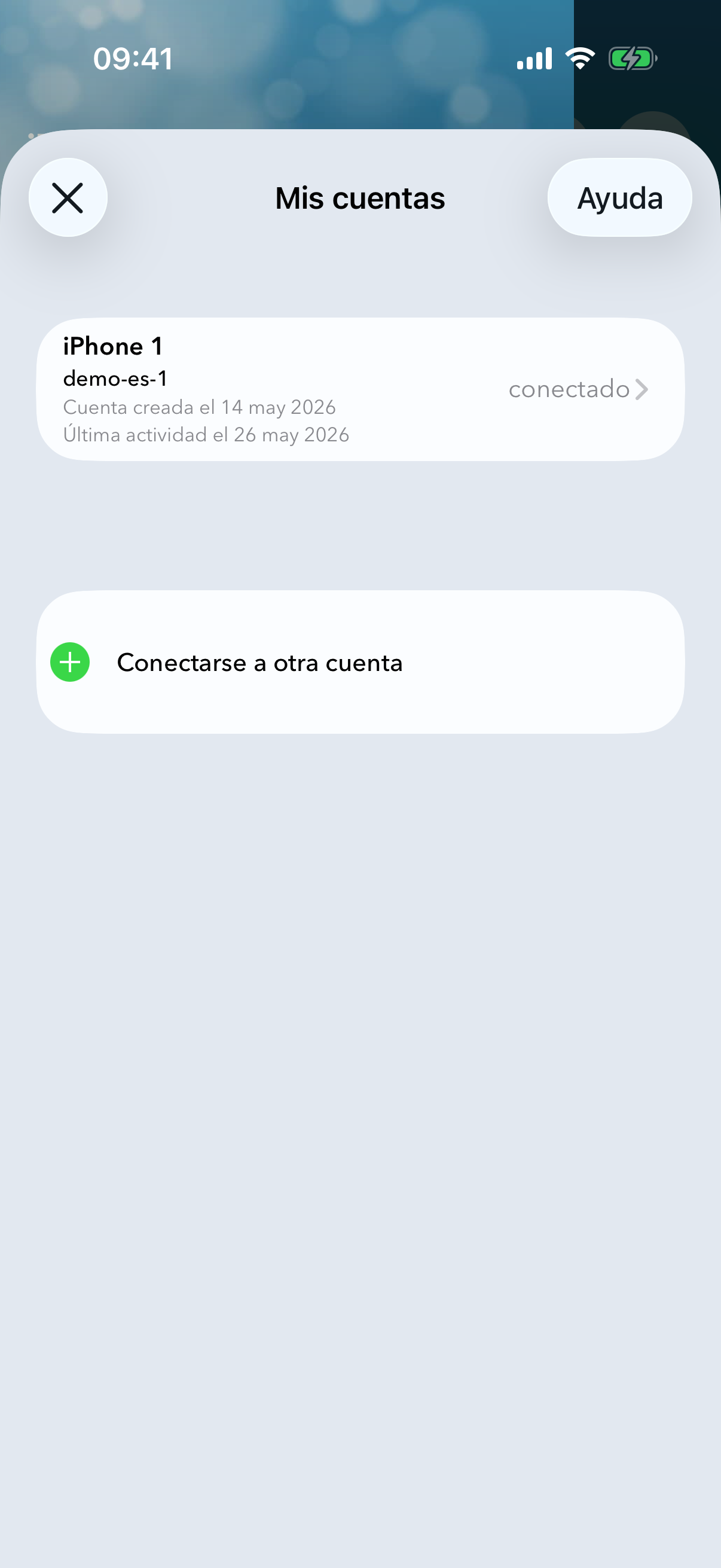 Panel «Mis cuentas» con la cuenta del usuario marcada como conectada.