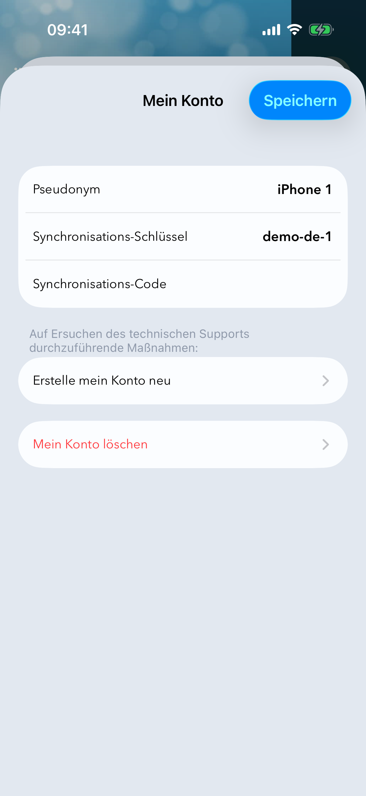 Bildschirm „Mein Konto" mit Synchronisierungs-ID und Sicherheitscode.