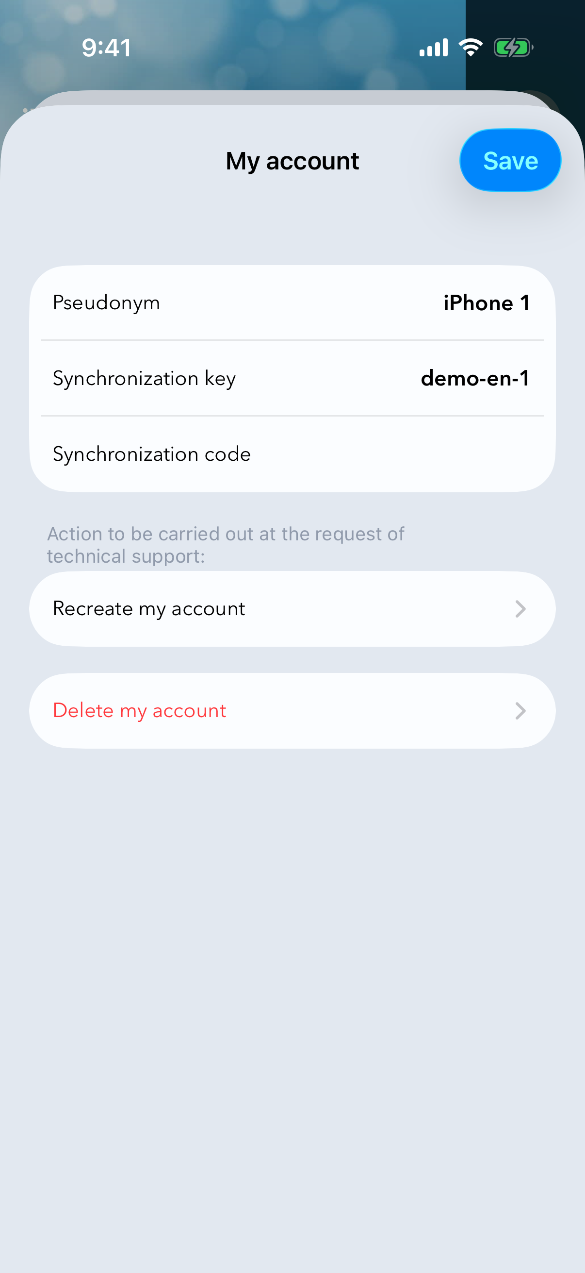 The “My account” screen showing the sync identifier and security code.