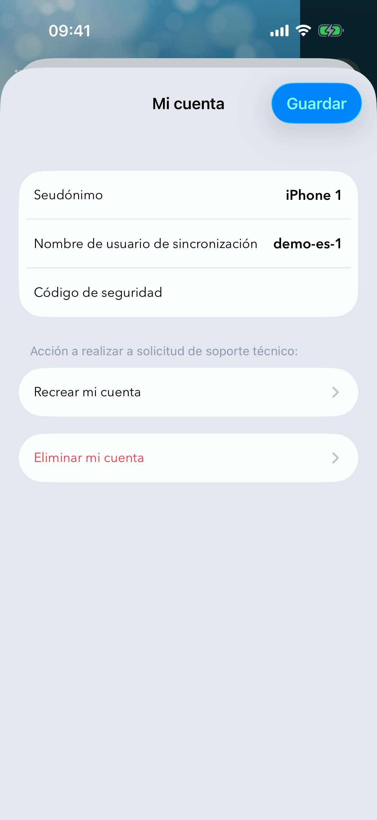 Pantalla «Mi cuenta» con el identificador de sincronización y el código de seguridad.