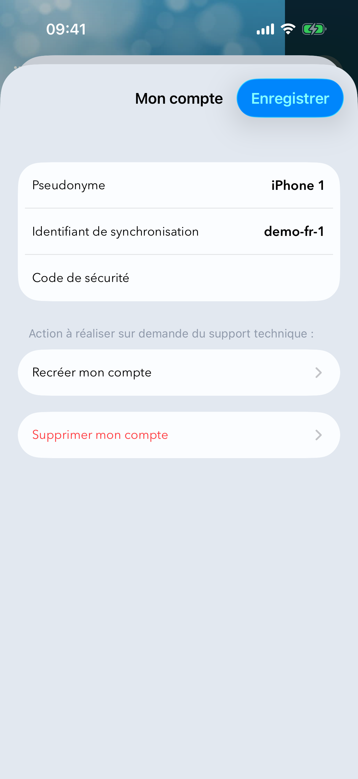 Écran « Mon compte » avec l'identifiant et le code de sécurité à saisir.