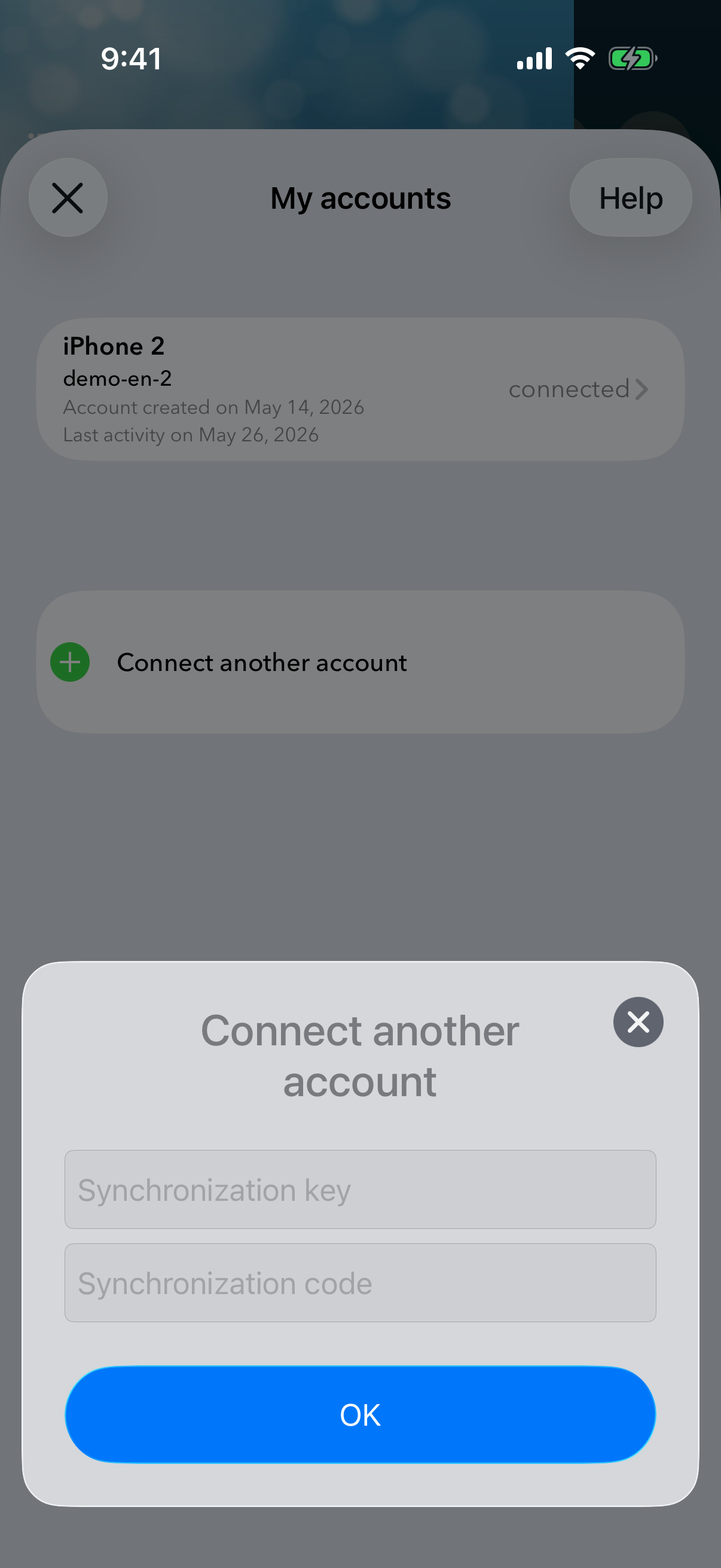 Dialog box for entering the sync identifier and code.