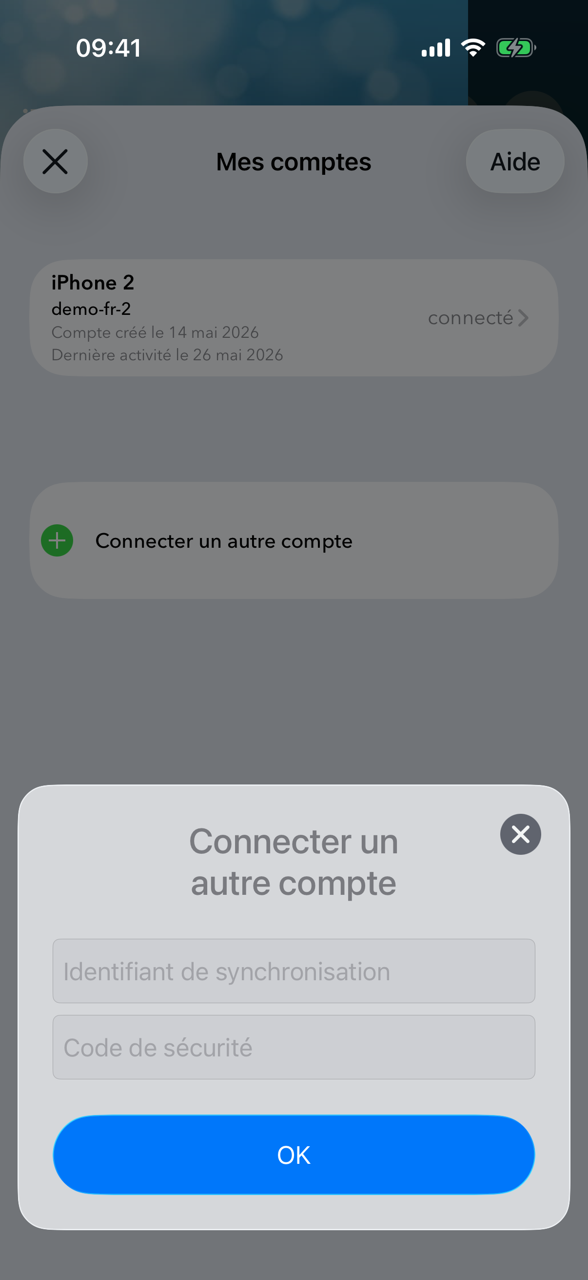 Boîte de dialogue de saisie de l'identifiant et du code.